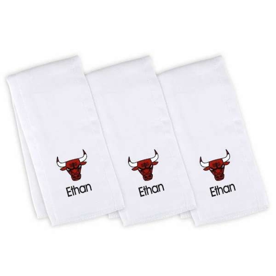 Chicago Bulls Accessories * | Chad & Jake Infant White Chicago Bulls Personalized Burp Cloth 3-Pack