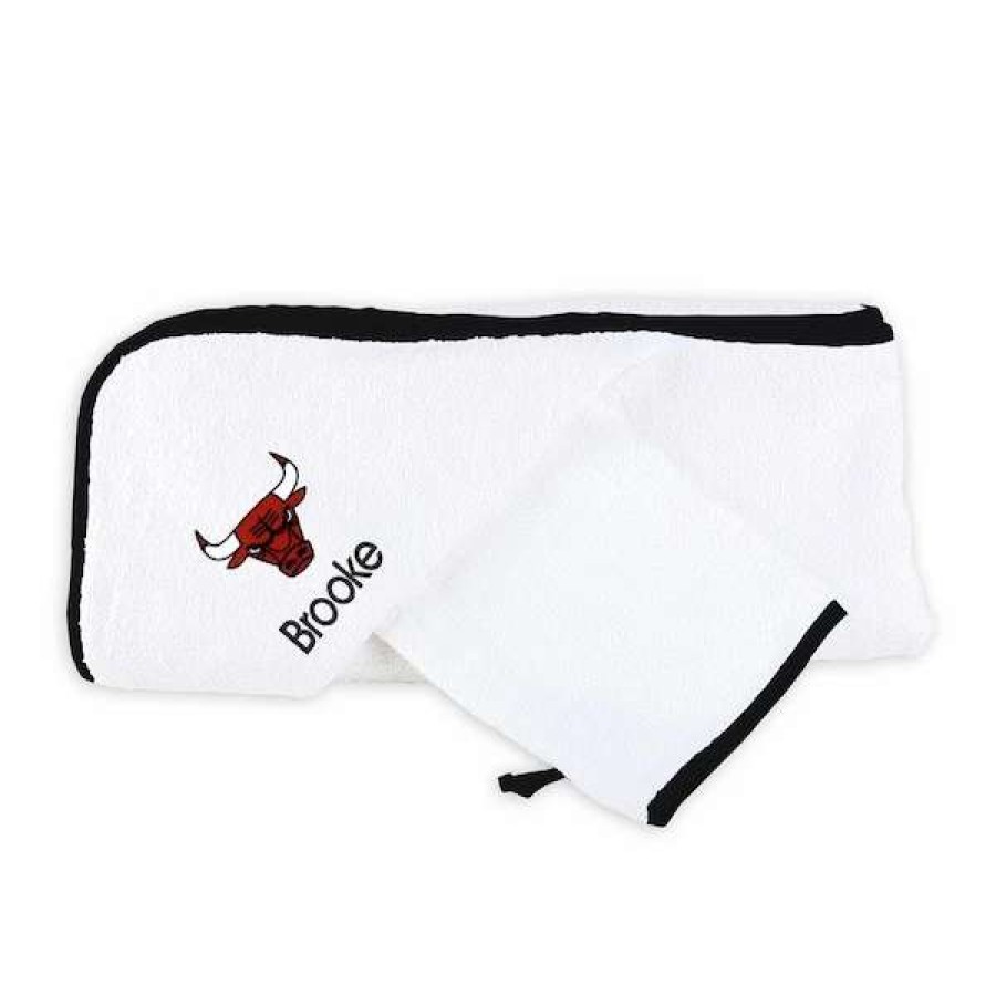 Chicago Bulls Accessories * | Chad & Jake Infant White Chicago Bulls Personalized Hooded Towel & Mitt Set