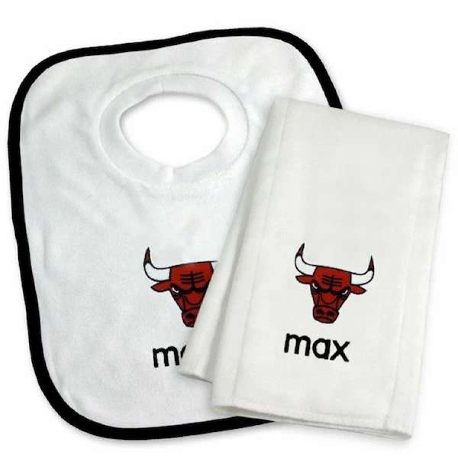 Chicago Bulls Accessories * | Chad & Jake Newborn & Infant White Chicago Bulls Personalized Bib & Burp Cloth Set